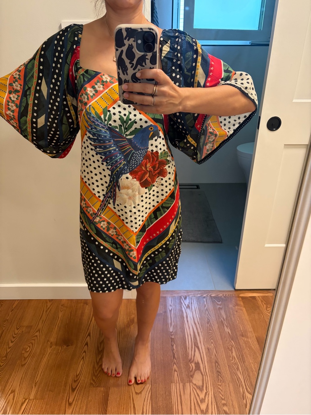 FARM Brazil 100% Viscose open back mini dress - Bird mixed print made in Brazil